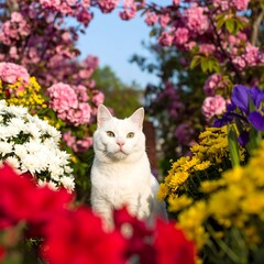 White cat in colorful garden