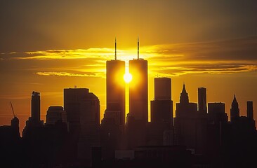 A vibrant sunset casts a warm, golden glow behind the silhouetted New York City skyline, with the twin towers prominently framed by the sun