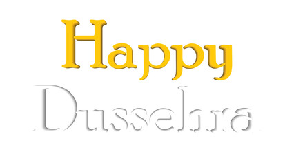Happy Dussehra greeting with golden-yellow embossed “Happy” text and elegant white embossed “Dussehra” lettering, festive 3D typography design