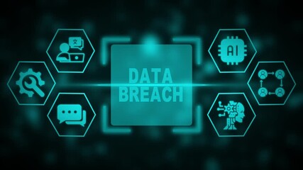 Digital data breach concept with glowing icons and central text on dark background cybersecurity hacking - Powered by Adobe