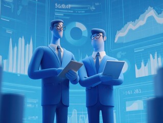 Two business professionals stand together, reviewing data reports on digital devices in a bright office. Charts and graphs are displayed on screens behind them.