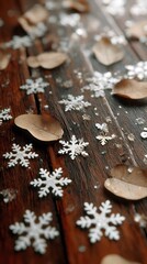 Delicate snowflake motifs with scattered leaves across polished wooden table, clear focus, no text or logo