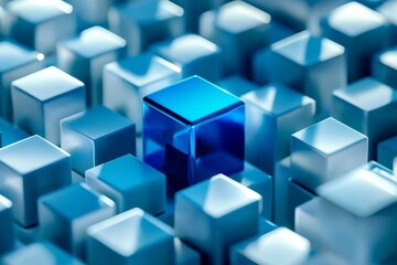 Obraz premium A leader represented by a blue cube standing out from an array of white cubes.