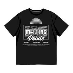 Black melting points graphic t-shirt with bold typography, halftone circle detail and trendy urban streetwear design