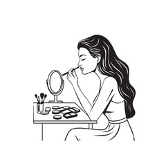 Black and white line art of a beautiful woman doing makeup at dressing table with mirror illustration