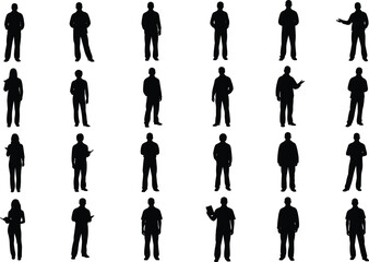 Silhouette people standing in various poses, gesture icons for business, communication, teamwork, diversity, posture analysis, and human interaction design.