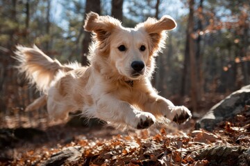 Golden retriever puppy leaps through sunlit forest leaves, ears flapping. Ideal for pet care, animal-themed projects, or showcasing happy, active pets.