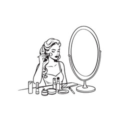 Black and white line art of a beautiful woman doing makeup at dressing table with mirror illustration