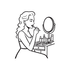 Black and white line art of a beautiful woman doing makeup at dressing table with mirror illustration