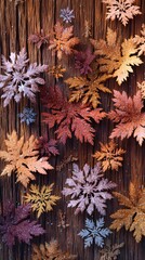 Warm-toned image of snowflakes blending into colorful autumn leaves on wood, natural look, no text or logo