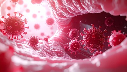 Microscopic view of numerous red, spiky virus particles, resembling coronaviruses, floating within a biological, organic tunnel or passageway, illuminated by...