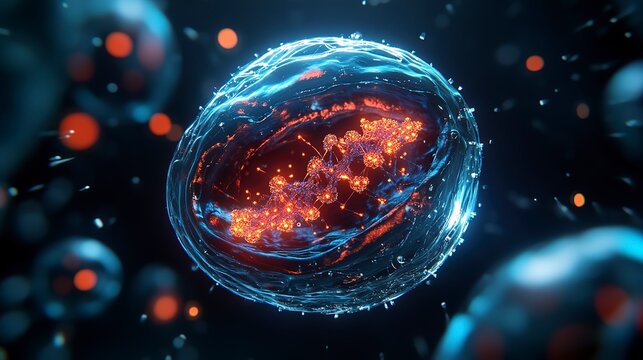 Nucleus containing DNA illuminated in a vibrant cellular environment with glowing particles