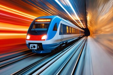 Fototapeta premium A futuristic train emerges from a tunnel with impressive motion blur.