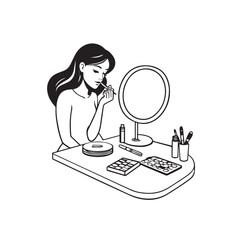 Black and white line art of a beautiful woman doing makeup at dressing table with mirror illustration