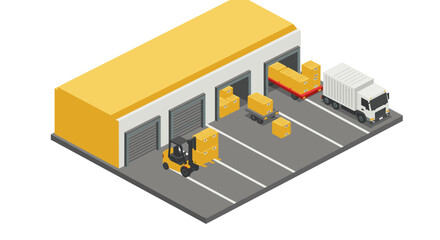 Isometric warehouse with trucks and forklifts unloading boxes