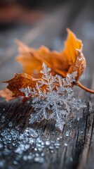 Detailed vertical shot of icy snowflake beside curled orange leaf on rustic wood, sharp macro style, no text or logo