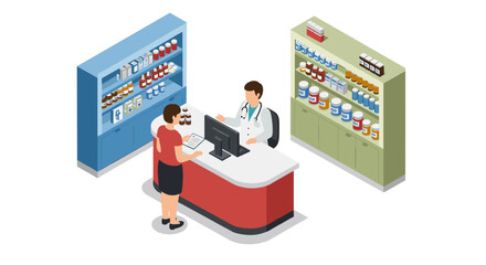 Isometric pharmacy scene with pharmacist and customer interaction at counter
