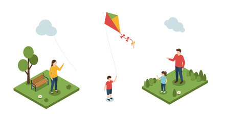 Isometric family recreation in park with kite flying on spring day