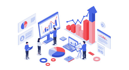 Fototapeta premium Isometric business growth analysis with graphs and charts in office setting
