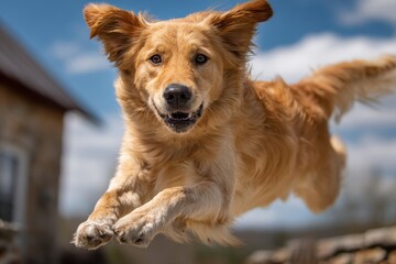 Golden Retriever jumps with happy expression against a blue sky background. Illustrates joy, energy, and companionship for pet-related advertisements.