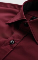 Close-up of a deep burgundy men's dress shirt, showcasing the collar, button, and a portion of the placket.  The fabric appears smooth and subtly shiny