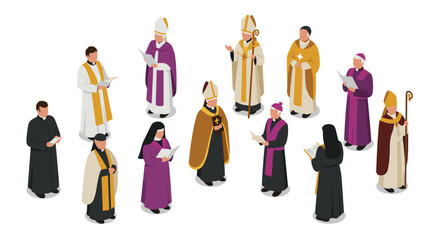 Isometric religious figures in ceremony with priests and bishops reading