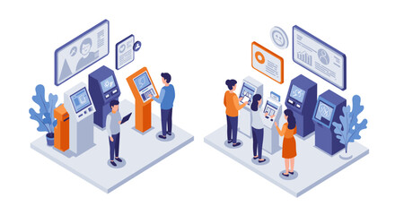 Isometric atm kiosk interaction with people in modern digital banking environment