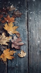 Vintage wooden board with natural arrangement of fall leaves and gentle snowfall, no text or logo