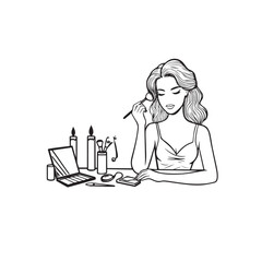 Black and white line art of a beautiful woman doing makeup at dressing table with mirror illustration