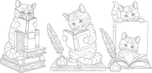 Naklejka premium Vector illustration of three adorable kittens engrossed in reading books, surrounded by stacks of literature and quill pens, coloring book for kids and adults