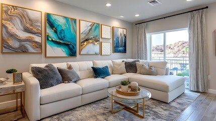Modern living room interior featuring a white sectional sofa abstract art and a large window with a scenic view