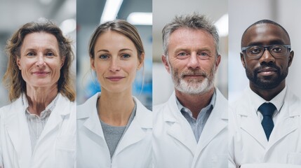 Four healthcare workers stand together in a well-lit clinical environment, wearing lab coats and showing friendly expressions. They represent diversity and collaboration.