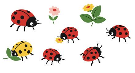 Fototapeta premium Cute cartoon ladybugs with flowers and leaves in playful design