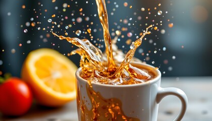 Pouring Tea: Captures a moment of refreshment with a close-up shot showcasing tea being poured into a white ceramic mug, the golden liquid creating a beautiful splash amidst an array of bubbles.