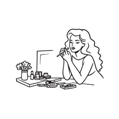 Black and white line art of a beautiful woman doing makeup at dressing table with mirror illustration