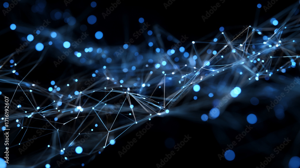 Poster abstract network with glowing blue nodes and connecting lines on dark background