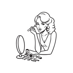 Black and white line art of a beautiful woman doing makeup at dressing table with mirror illustration