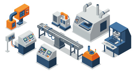 Obraz premium Industrial isometric machinery set with conveyor system and control panels