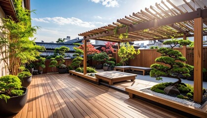 Japanese rooftop communal space with zen garden, bonsai, bamboo pergola, and wooden deck