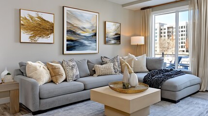 Modern living room with grey sectional sofa abstract art coffee table and large window view