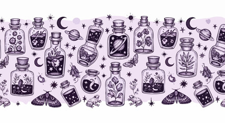 Enchanting celestial potion bottles filled with planets, stars, plants, and mystical creatures
