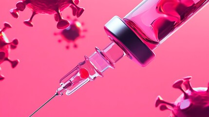 Illustration of a vaccine syringe designed to combat viral infections with colorful virus representations