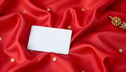 Blank Card on Luxurious Fabric: A pristine white card lies elegantly amidst the sumptuous folds of red fabric, accompanied by golden stars in a photorealistic display.
