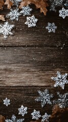 Snowflake overlays on dry brown leaves and wood grain surface, vertical frame, no text or logo