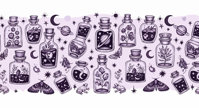 Enchanting celestial potion bottles filled with planets, stars, plants, and mystical creatures