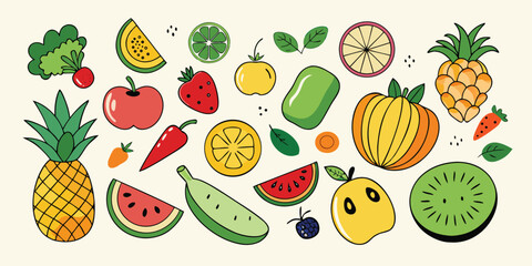 Vibrant assortment of fresh fruits and vegetables hand-drawn style colorful collection