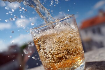 Bubbles fill the glass as liquid pours, sky and building are blurred behind. Use this image for drinks or beverage advertising with bright background.