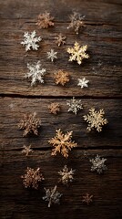 Snowflake overlays on dry brown leaves and wood grain surface, vertical frame, no text or logo