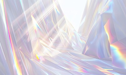 Iridescent, geometric shapes form an abstract, light-filled space, with a sense of depth and flowing, translucent surfaces
