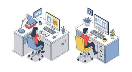 Obraz premium Isometric office desks with people working on computers in modern workspace